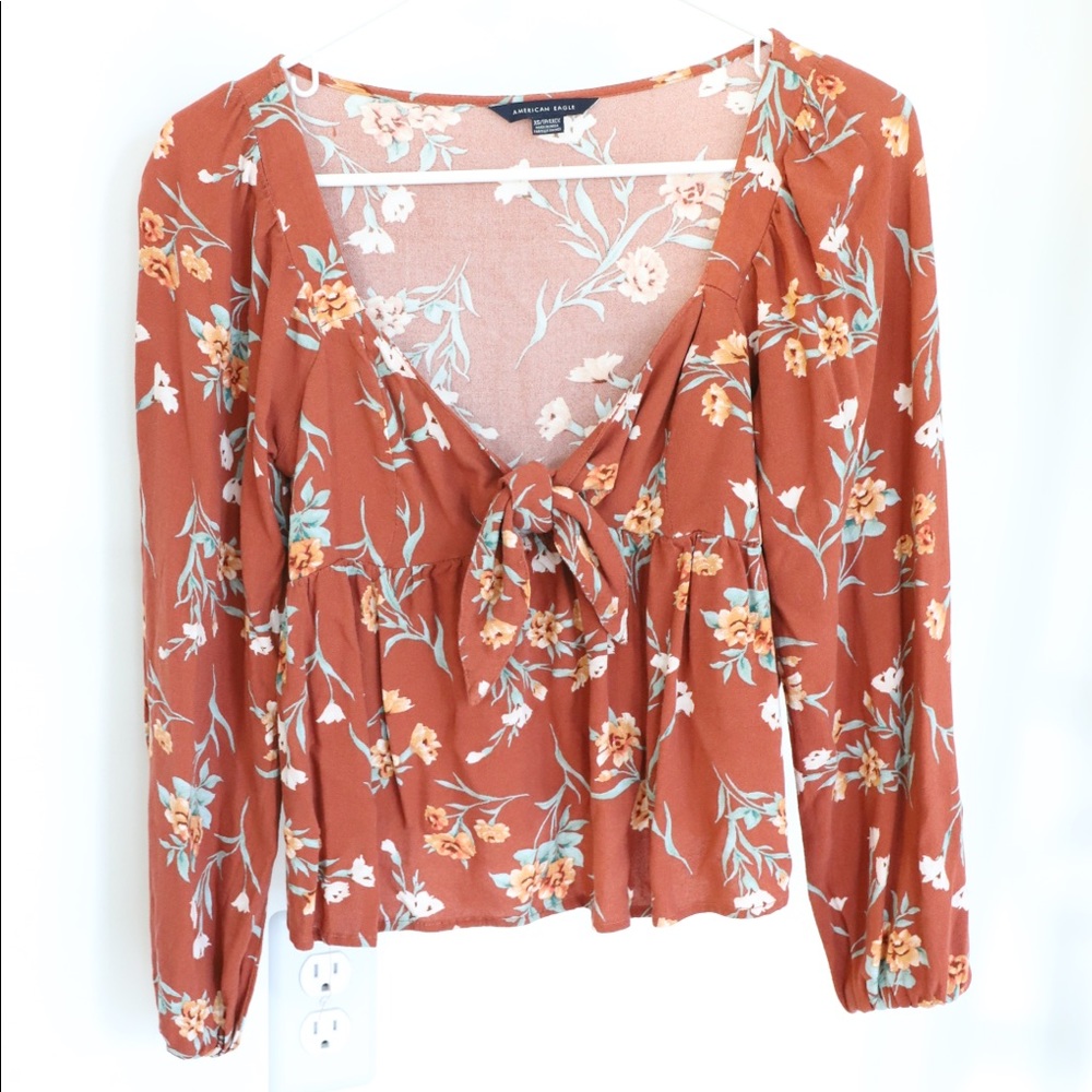 AE Floral/ Rust Tie Front Baby Doll Long Sleeve